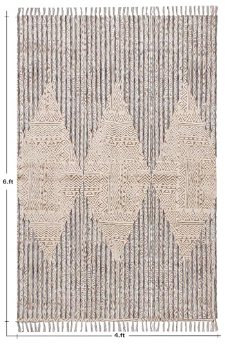 Tapis carré à rayures en coton beige et bleu lavable pour grand salon et couloir