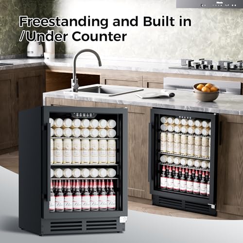 Image of Coolake 24 Inch Wide Under Counter Beverage Refrigerator, 180 Can Capacity Beverage Cooler with Glass Door, Built in or Freestanding, Drink Fridge for Basement, Kitchen, Office