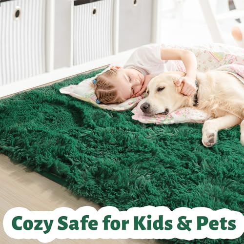 Amdrebio Dark Green Large Living Room Rug 6x9, Fluffy Area Rugs for Bedroom, Soft Fuzzy Shag Rug for Kids Playroom Dorm, Thick Big Modern Rugs for Living Room Decor, Plush Cool Emerald Green Carpet