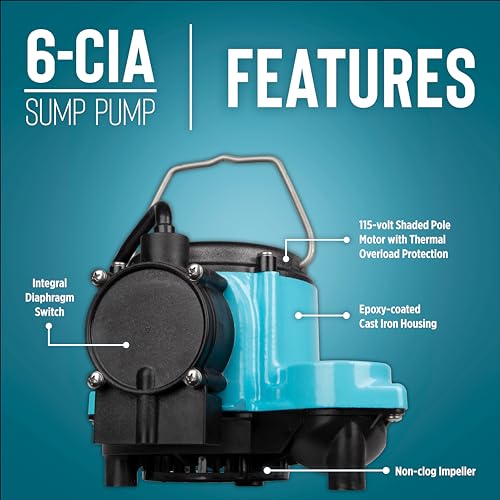 Image of Little Giant 6-CIA 115 Volt, 1 /3 HP, 2760 GPH Cast Iron Submersible Sump Pump with Integral Diaphragm Switch, 25-Ft. Cord, Blue, 506125