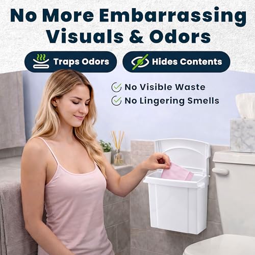 Image of Alpine Sanitary Napkin Receptacle - Feminine Hygiene Disposal Container, Wall Mounted Trash Can with Odor Control Seal & Installation Hardware (White)