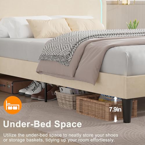 VECELO Upholstered Queen Size Bed Frame with Headboard Adjustable, LED Lights, USB-A & Type-C, Velvet Platform Bed Noise Free, Mattress Foundation with Wooden Slats, No Box Spring Needed, Beige