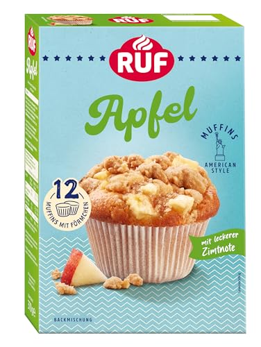 RUF Apfel-Muffins Backmischung, fruchtige American Style Muffins mit leckerer Zimtnote, einfache Zubereitung, 12 Muffin-Förmchen inklusive
