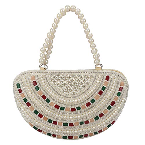 VANYA HANDICRAFT COLLECTION Women’s Multicolour Stone in Vintage Style Pearl Tote Purse Wrist Bag (Off White)