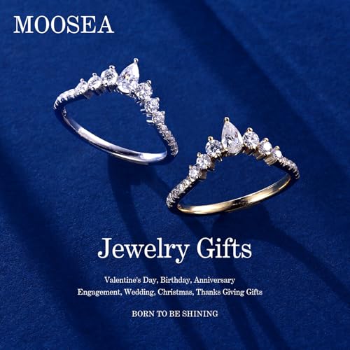 MOOSEA Unique Moissanite Wedding Band for Women, D Color VVS1 Clarity Lab Created Rings 14K White Yellow Rose Gold Vermeil Pear and Round Moissanite Curved Stackable Rings for Women Gifts4