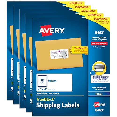 Avery Printable Shipping Labels with Sure Feed, 2" x 4" Customizable Stickers, White, 5,000 Blank Mailing Labels, Great for Mailing, Shipping, and More (5-Pack of 8463)