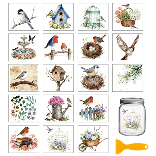 GLOBLELAND 18 Bogen Frühling Vogel Vogelhaus Transferaufkleber 9x10cm Gartenvögel Zum Aufreiben Bunte Aufkleber Für Möbel Vasen Gläser Einmachgläser Dekorationen Kunsthandwerk