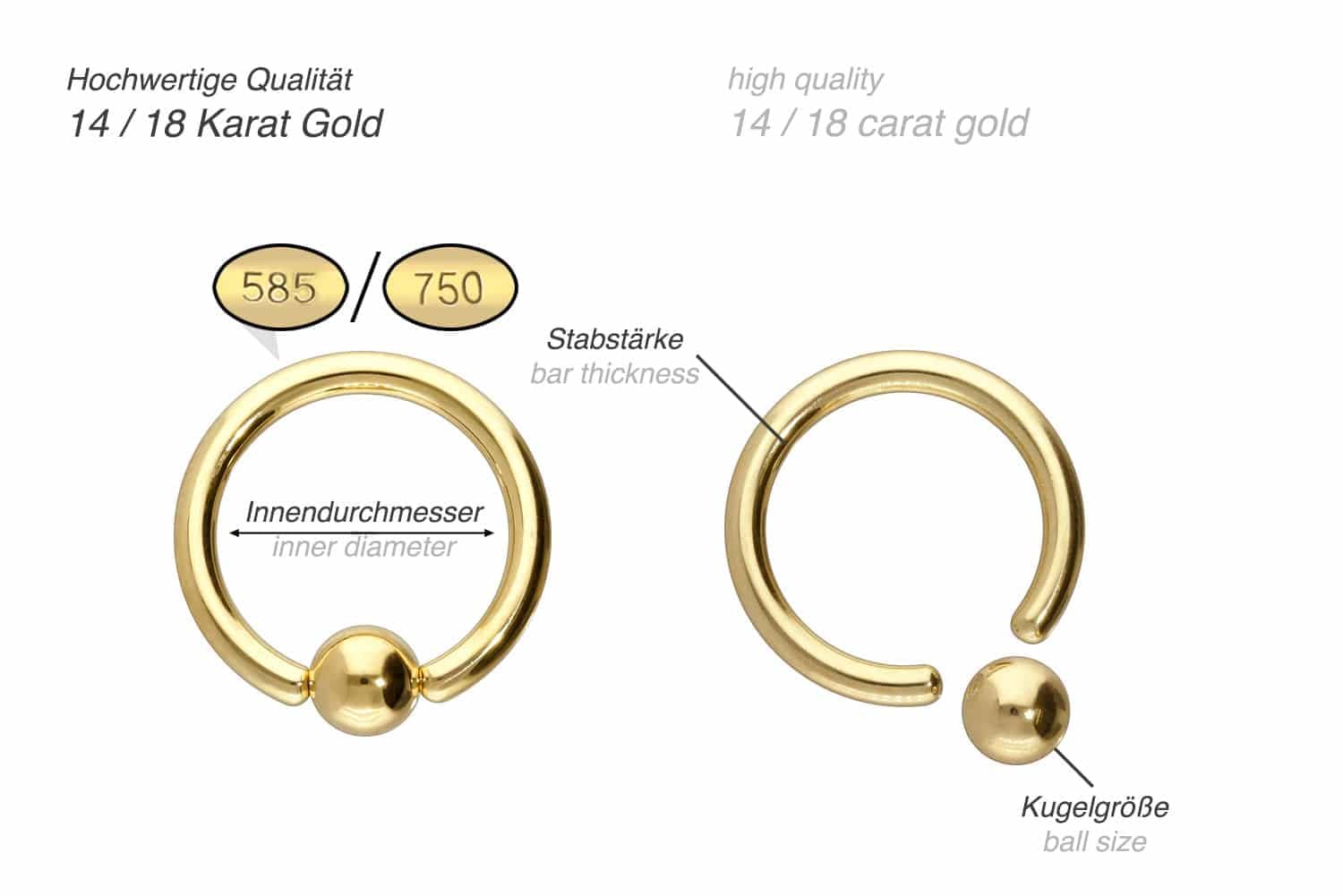 PIERCINGLINE 14K Gold Klemmkugelring 585er Gold - Roségoldfarben, Goldfarben, Silberfarben