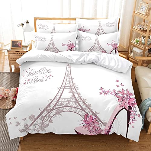 NDXRWDZR Funda Nordica Cama 150 Torre Eiffel Rosa Colchas Cama 150 para Niños Adultos con Cremallera Suave Transpirable 110gsm Microfibra Fundas Nordicas 240x220 cm + 2 Fundas de Almohada 50x80 cm