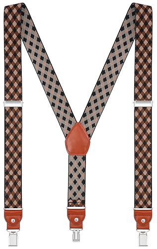 EOAYONY Mens suspenders Elastic Y Back Adjustable Heavy Duty Strong Clips Black Brown Plaid 43 IN