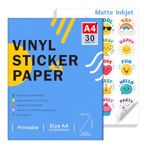 Ruibytree Printable Matte Vinyl Sticker Paper A4 for Inkjet Printer 30Sheet