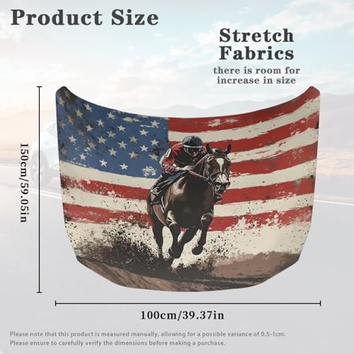 Image of Car Hood Cover Protector Stretchable Auto Hood Wrap Blankets Waterproof American Flag Horse Racing Print Auto Exterior Accessories for Compact Sedans SUV Trucks Vans