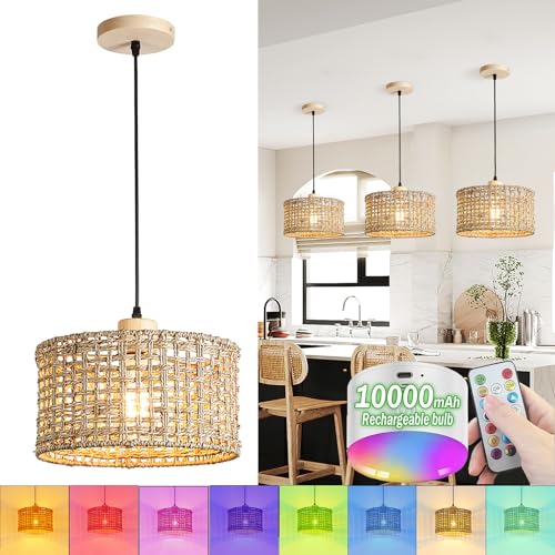 Suspension en bambou avec batterie et télécommande - Fonctionne avec piles - Lampe suspendue en rotin - Avec ampoules rechargeables RVB de 10 000 mAh - Pas de câblage...