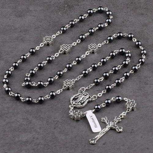 HanlinCC St.Michael Catholic Rosary Necklace Hematite Stone Beads with Metal Cross Glory Beads for Men and Women in Metal Box4