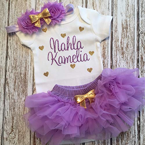 Personalized Baby Girl Outfit Baby Shower Gift Custom Name Glitter Heart Outfit Optional Tutu Bloomer Headband And Leg Warmers (Light Purple + Gold) #TOP2