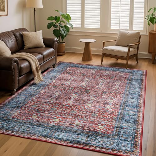 4x6 Vintage Area Rug for Bedroom Living Room, Washable Non Slip Indoor Rug, Thin Throw Floral Floor Low Pile Distressed Carpet for Bathroom Kitchen Laundry Office Red/Blue