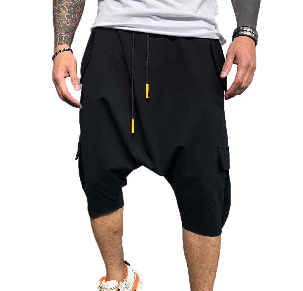 Keepmore Men's Black Baggy Hip Hop Shorts,Street Sports Casual Harlan Cropped Trousers