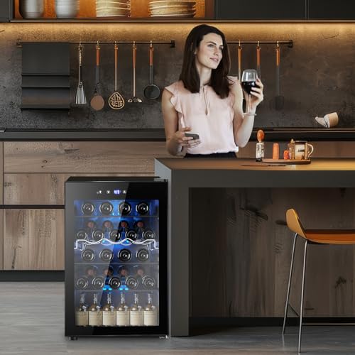 37 Bottle Wine Fridge,Freestanding 145 Can Beverage Refrigerator with Smart Temperature Control,4.5 CU FT Quiet Mini Fridge with Child Lock Panel for Family Restaurant Bar, Black