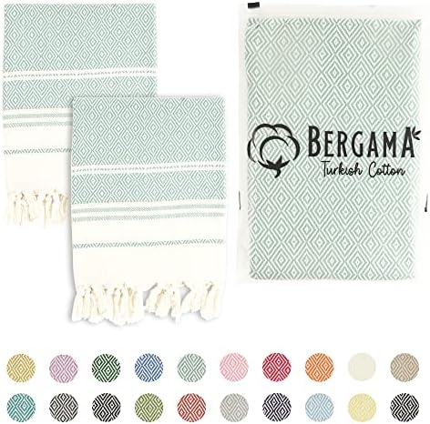 Bergama Turkish Cotton Hand Towels for Bathroom, Set of 2 |%100 Cotton, 18x36 Inches, Farmhouse Decorative Boho Gift for Face, Hand, Hair, Bath Decor, Tea, Gym, Yoga, Dish & Kitchen (Teal Blue)