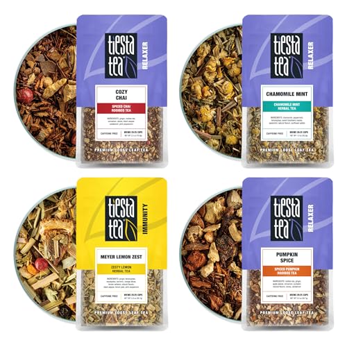 Image of Tiesta Tea - 4 Autumnal Tea Blends, Loose Leaf, Premium Blend, Non-Caffeinated, Make Hot or Iced, Pouch of Pumpkin Spice, Cozy Chai, Chamomile Mint, Meyer Lemon Zest, Pack of 4