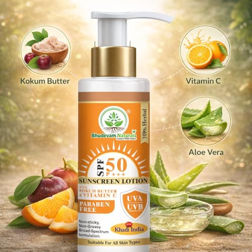 Image of Khadi Sunscreen Lotion SPF 50 with Kokum Butter & Vitamin C | Broad Spectrum UVA & UVB Protection | Herbal Sunblock for Face & Body | Non-Greasy & Lightweight Formula
