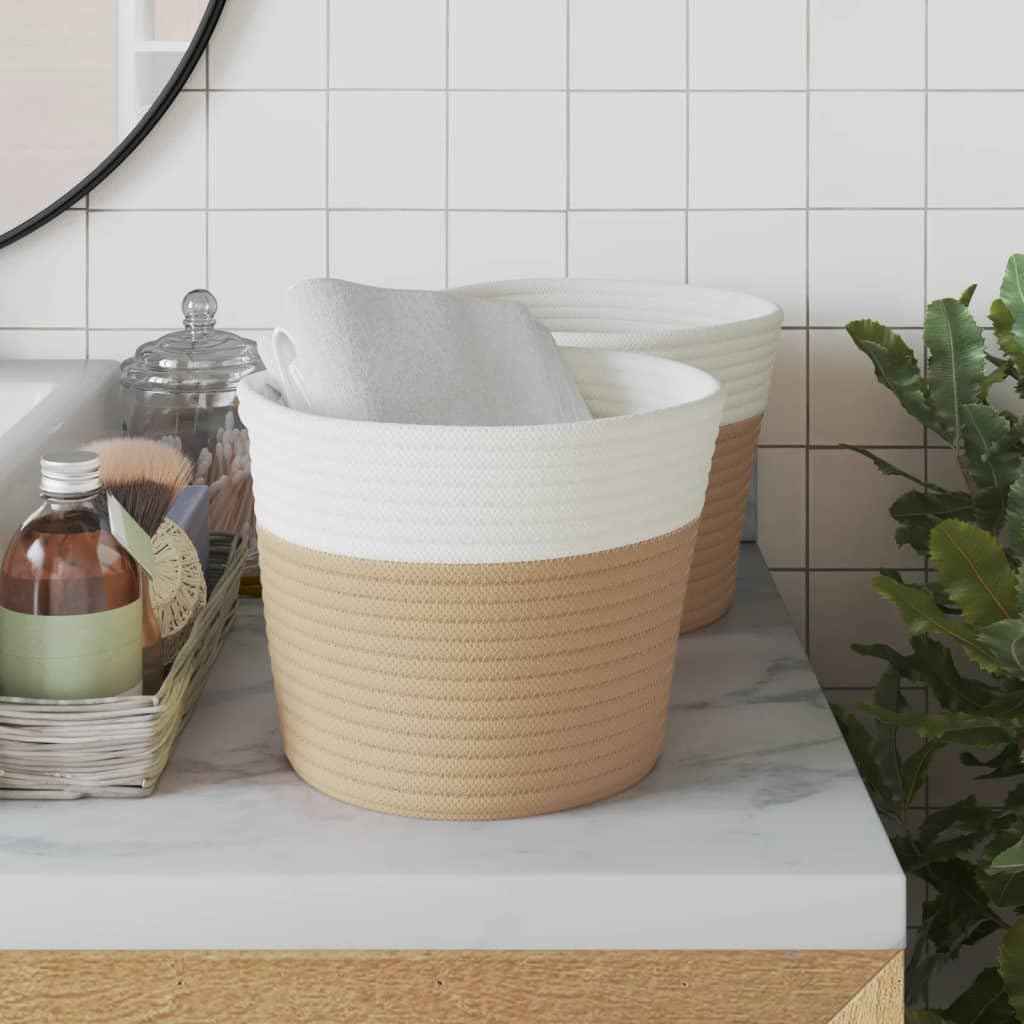 Mangloder Aufbewahrungskörbe 2 Stk. Beige und Weiß, geflochten, faltbar, Stoff Organizer aus Baumwolle, 24 x 18 cm, für Regal, Küche, Schlafzimmer, Bad, Wohnzimmer, Boho Deko