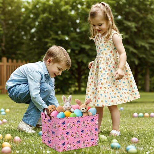 Image of Large Cute Easter Basket for Kid Empty Gift Baby Rectangle Storage Bin Bunny Eggs Boy&Girl Room Decor (Rabbit Rugby Pink)