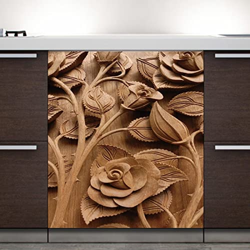 Vintage Holz Geschirrspüler Magnetabdeckung Rustikale Holz Blume Tür Vorderseite Geschirrspüler Bauernhaus Holz Kühlschrank Tür Magnet Aufkleber Dekor 58,4 x 66 cm Küche Dekor Aufkleber Cover