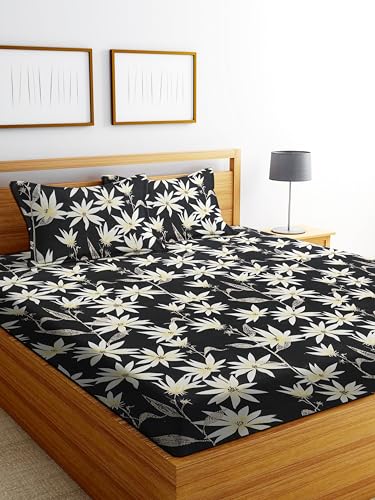 Image of DECORUM Glace Cotton Fitted 1 Bedsheet King Size (72 inchx78 inch) | All Around Elastic | Cotton Feel | 2 Pillow Covers (17 inchx27 inch) | Fits Up to 8 inch Mattress | 200-220 TC | Printed Double Bed Sheet Set