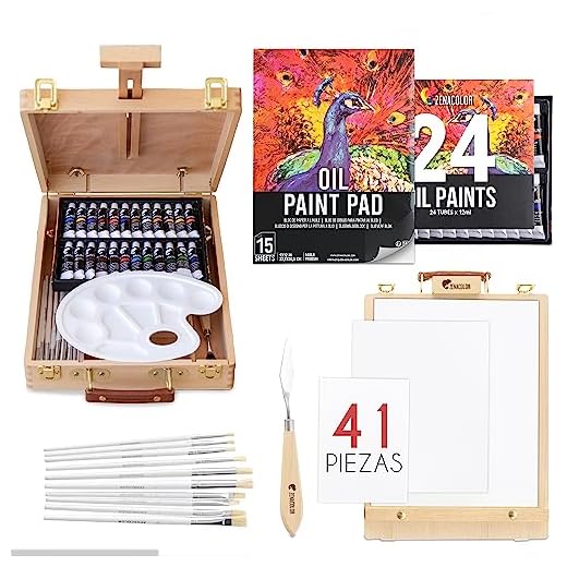 Caballete y Oleos para Pintar - Maletin 41 Piezas : 24 Tubos de Pintura al Oleo, 3 lienzos para pintar, 1 Bloc, 10 Pinceles, 1 Espatula, 1 Paleta, 1 Caballete - Pintura Mesa Plegable