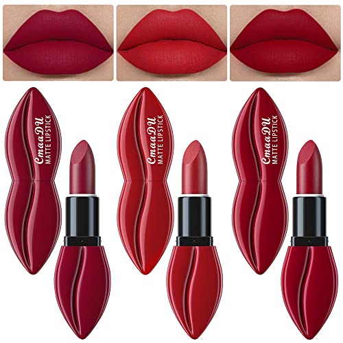 Evpct 3Pcs Dark Deep Ruby Light Bright Red Matte Velvet Lipstick Set Long Lasting Smudge Proof Lip Stick Packs Matte Lipstick Lip Stain Makeup Set For Women Labiales Matte Larga Duracion 24 01#02#10# #TOP6