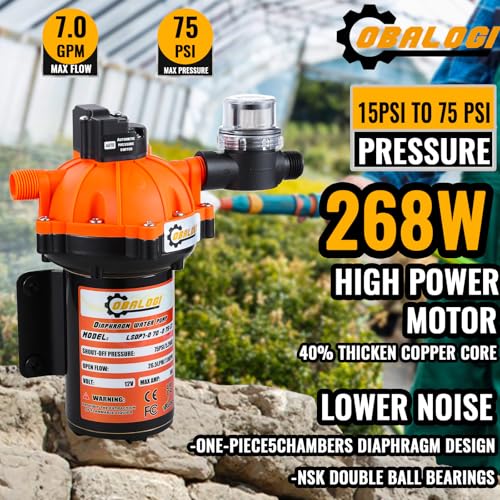 Image of 12V RV Fresh Water Pump - 7.0 GPM 75 PSI Self-Priming Diaphragm Pump with Pressure Switch & Filter | Quiet 5-Chamber Design for RV, Boat, Yacht, Garden Irrigation & Camper