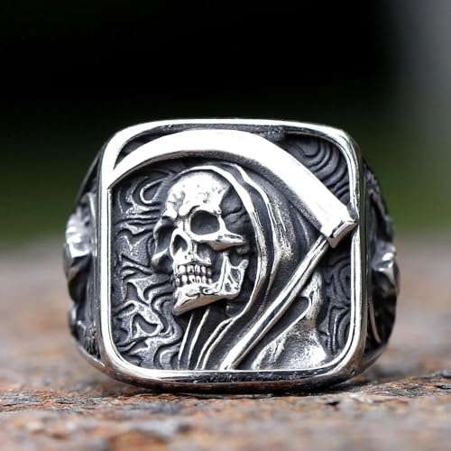 Gothic Skull Ring Stainless Steel Signet Ring for Men Reaper Ring with Hook Design Jewelry Gift2
