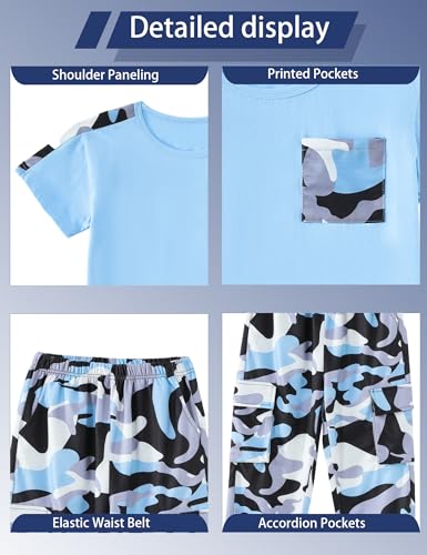 Image of mksodopy Boys Clothes Outfits Set, Camo Cargo Pants and Short Sleeve Pocket Tee 2PC Summer Tracksuit for Kids 5-16Y