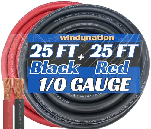Image of WNI 1 /0 Gauge 25 Feet Black 25 Feet Red 1 /0 AWG Ultra Flexible Welding Battery Copper Cable Wire - Made in The USA - Car, Inverter, RV, Solar