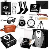Shinylin 13 Pcs Groomsman Proposal Gift Set Stainless Steel Flask Box Bag Shot Glass Bottle Opener Pocket Watch Sunglasses Knife Sock Card Toiletry Bag for Wedding