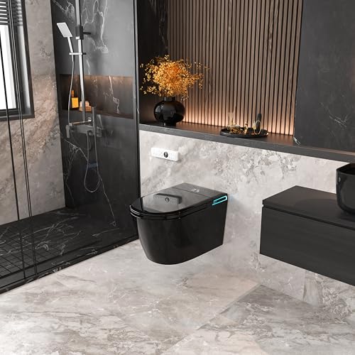 Image of Black Smart Wall Hung Toilet Combo,Auto Flush, Auto Open /Close LId,Heated Seat,Warm Water /Dryer, Modern Elongated Bidet Toilet with In wall Carrier (No need to buy an additional Water Tank)