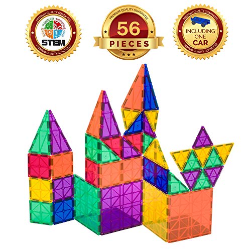 Playmags Magnetic Tiles Building Set 56 Pcs Set With Car - Super Durable Magnet Blocks, Stem Development Kids Building Toys For Boys Girls & Toddlers #TOP3
