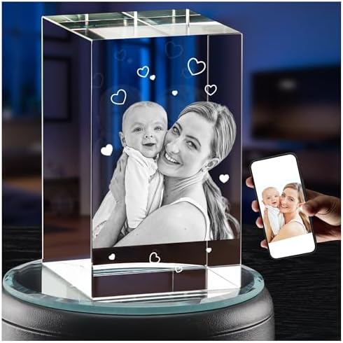 3D Crystal Photo, Personalized Picture in Crystal for Couple Girlfriend Mom Her Women, Customized Laser Etched Glass Cube Gifts for Mother’s Day, Rectangle Style-1