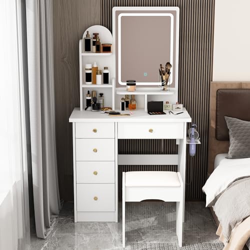 FUFU&GAGA Vanity Set with Rectangular Mirror, Makeup Vanity Dressing Table with 5 Drawers, Shelves, Power Outlet & Hair Dryer Holder, Dresser Desk and Cushioned Stool Set (White/Lighted Mirror)