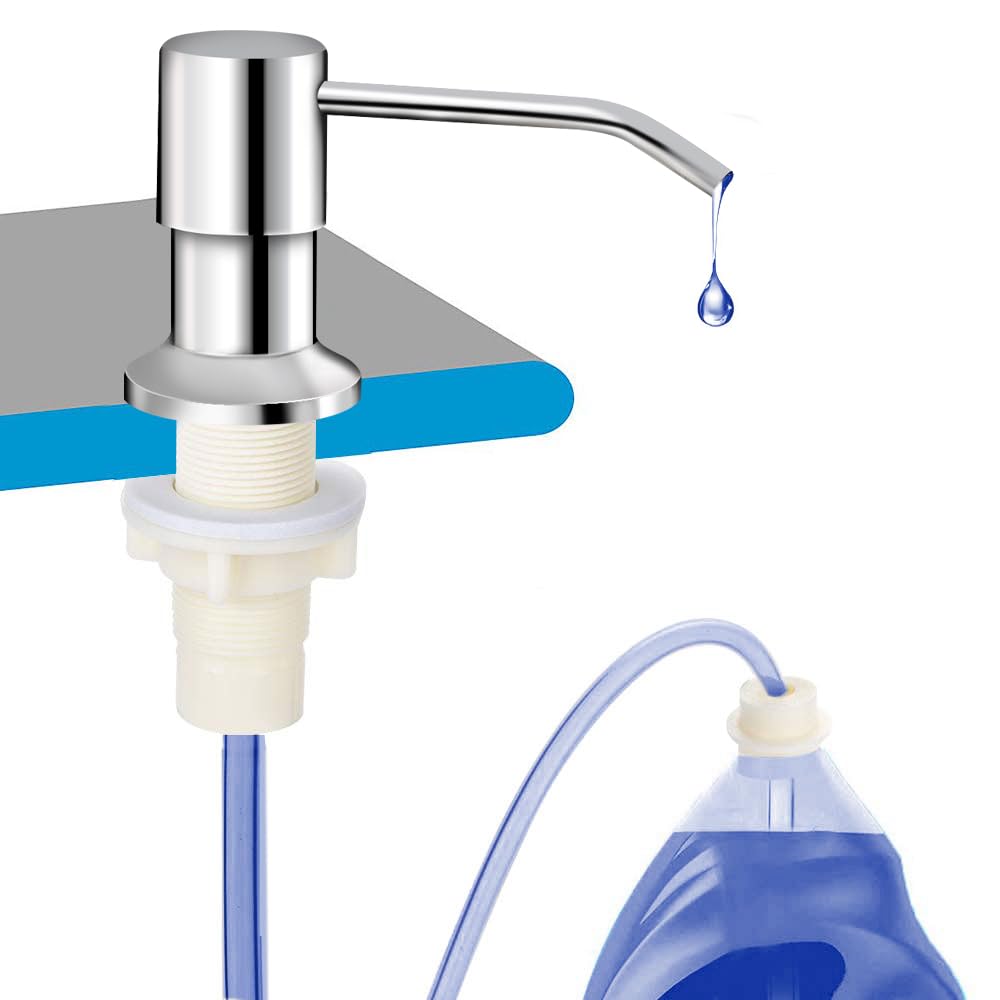 OHiHi Dish Soap Dispenser for Kitchen Sink, Countertop Sink Soap Dispenser Water Pump with 47” No-Spill Extension Tube Kit Design for Kitchen Bathroom, No More Refills （Chrome）