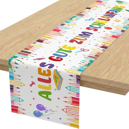 Tischläufer Einschulung Weiß Schulanfang Deko Tischläufer Tischband für Schulkind Schulanfang Einschulung Mädchen Junge Deko Tischdeko 180 x 35cm