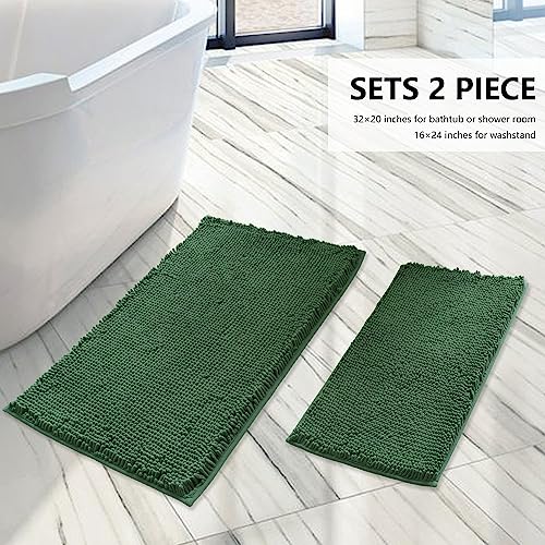 Image of BOANKODU Bathroom Rugs Sets 2 Piece, Extra Soft Chenille Bath Mat Absorbent Bathroom Rug, Bathroom Mat with PVC Non-Slip Bottom, Machine Washable Bath Rugs (32x20 Inch + 24x16 Inch, Dark Green)