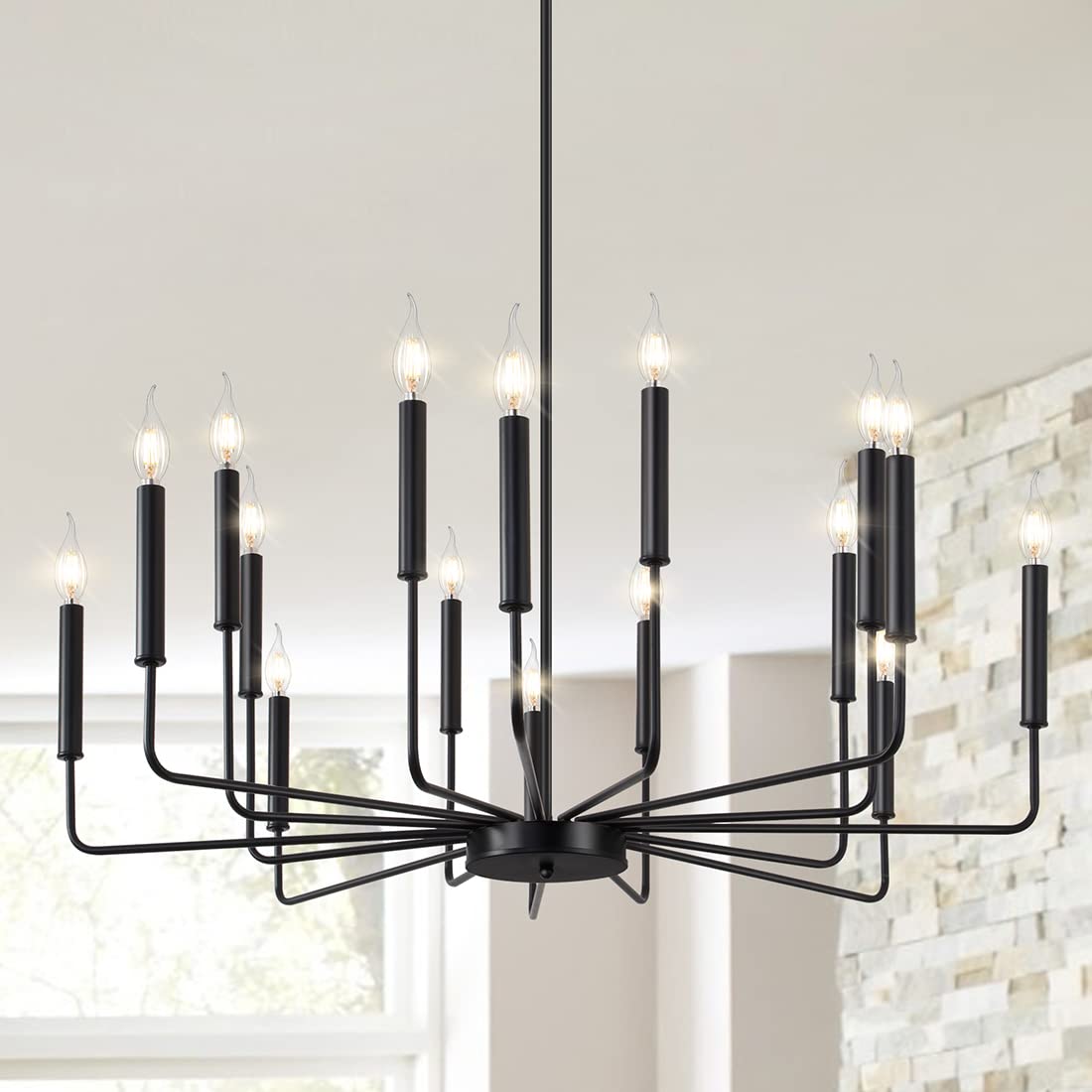 Yiisem Farmhouse Black Chandelier, Modern Rustic Dining Room Light Fixtures Over Table, Industrial Metal 16-Light Candle Chandeliers for Dining Room, Kitchen, Foyer, Entryway, Living Room, UL Listed