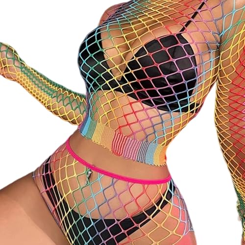 KRYMXAR Festival Outfit Damen, Regenbogen Netzoberteil, Rave Outfit, Netz Oberteil Damen, Sexy Mesh Oberteil, Cosplay Outfit, Musikfestival, Party
