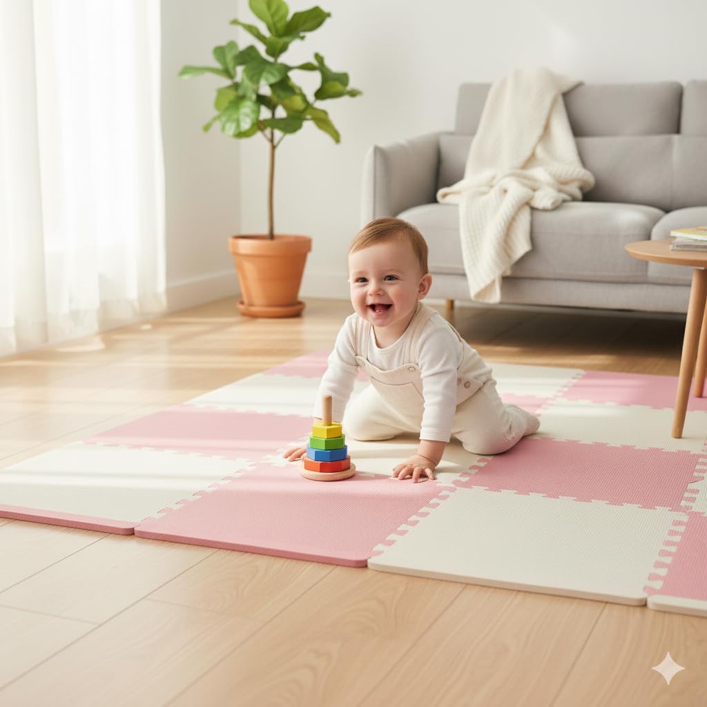Tappeto Puzzle Bambini in EVA Antiscivolo – 18 Pezzi Rosa e Grigio 29,5x29,5 cm, Morbido e Atossico, Tappetone Gioco per Gattonare, Certificato CE, WELLDER