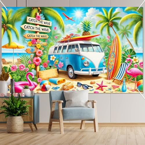 Image of BlissYard Summer Beach Party Decorations 71 x 43 Inch Hawaiian Tropical Surf Van Beach Party Banner Flamingo Palm Tree Photo Background Indoor Outdoor Summer Wall Decor