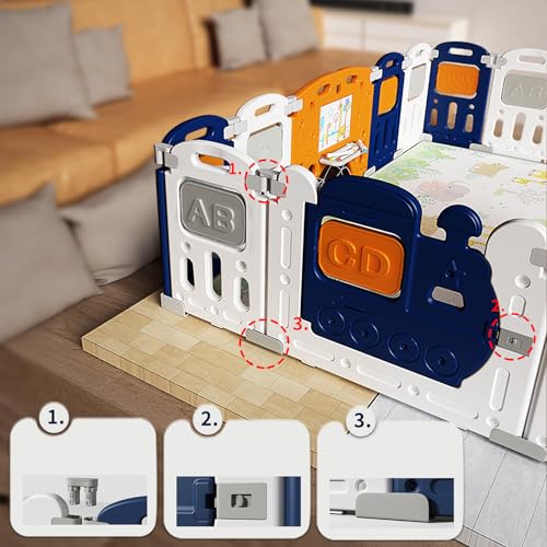 Image of Assembly-Free 14 Panel Playard, Baby Playpen Fence with Crawling Mat and Football for Baby Upto 8 Years with Safety Locking Door & Drawing Board (150x150cm, Foldable) -Blue