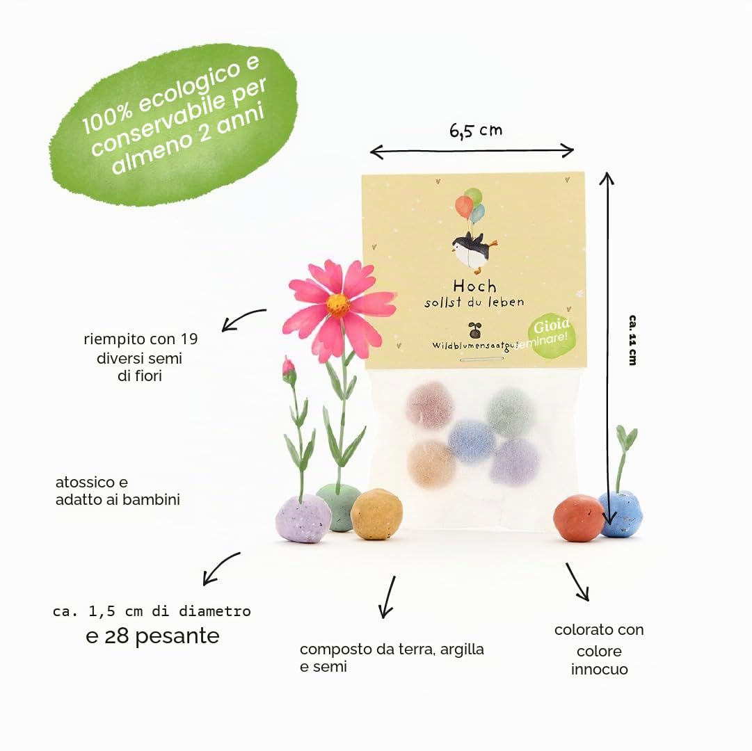Regalino sostenibile per il compleanno: 5 biglie di fiori colorate con semi di fiori selvatici