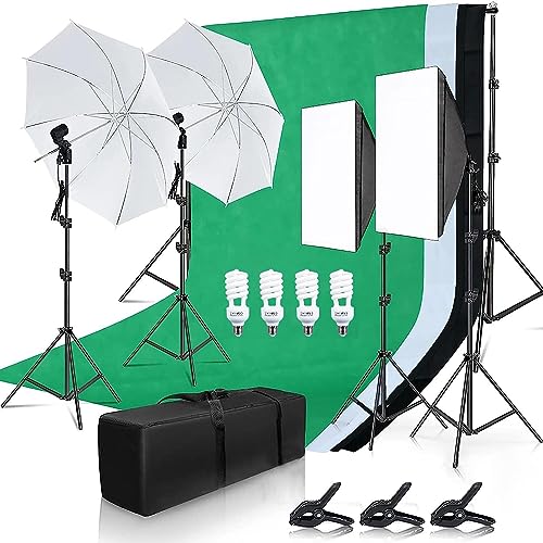 Andoer Kit Fotográfico Estudio, 1,6m x 3m Sistema de Soporte de Fond con Softbox, Bombillas de luz...